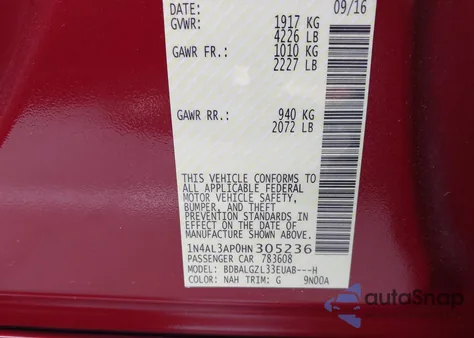 2017 Nissan Altima 2.5/S/Sv/Sl/Sr from USA, damaged, VIN 1N4AL3AP0HN305236